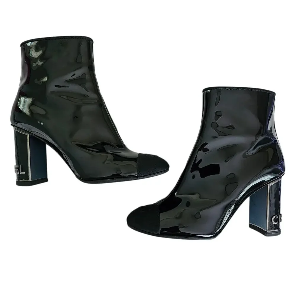 Chanel CC Cap Toe Logo Ankle Heel Boot Size 37.5 US 6.5 7 Black Patent Leather
